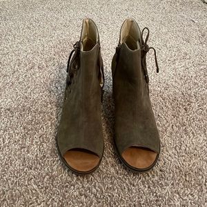 Olive green peep toe booties. Size 8